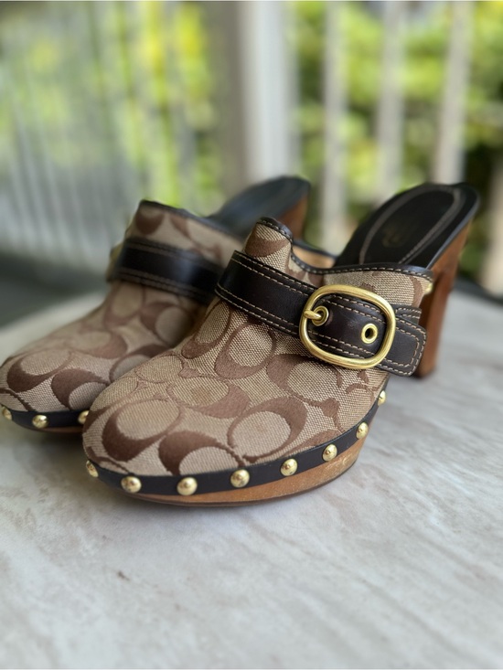Coach Shoes - Coach Tan and Brown Logo Clog Mules with Gold Buckle